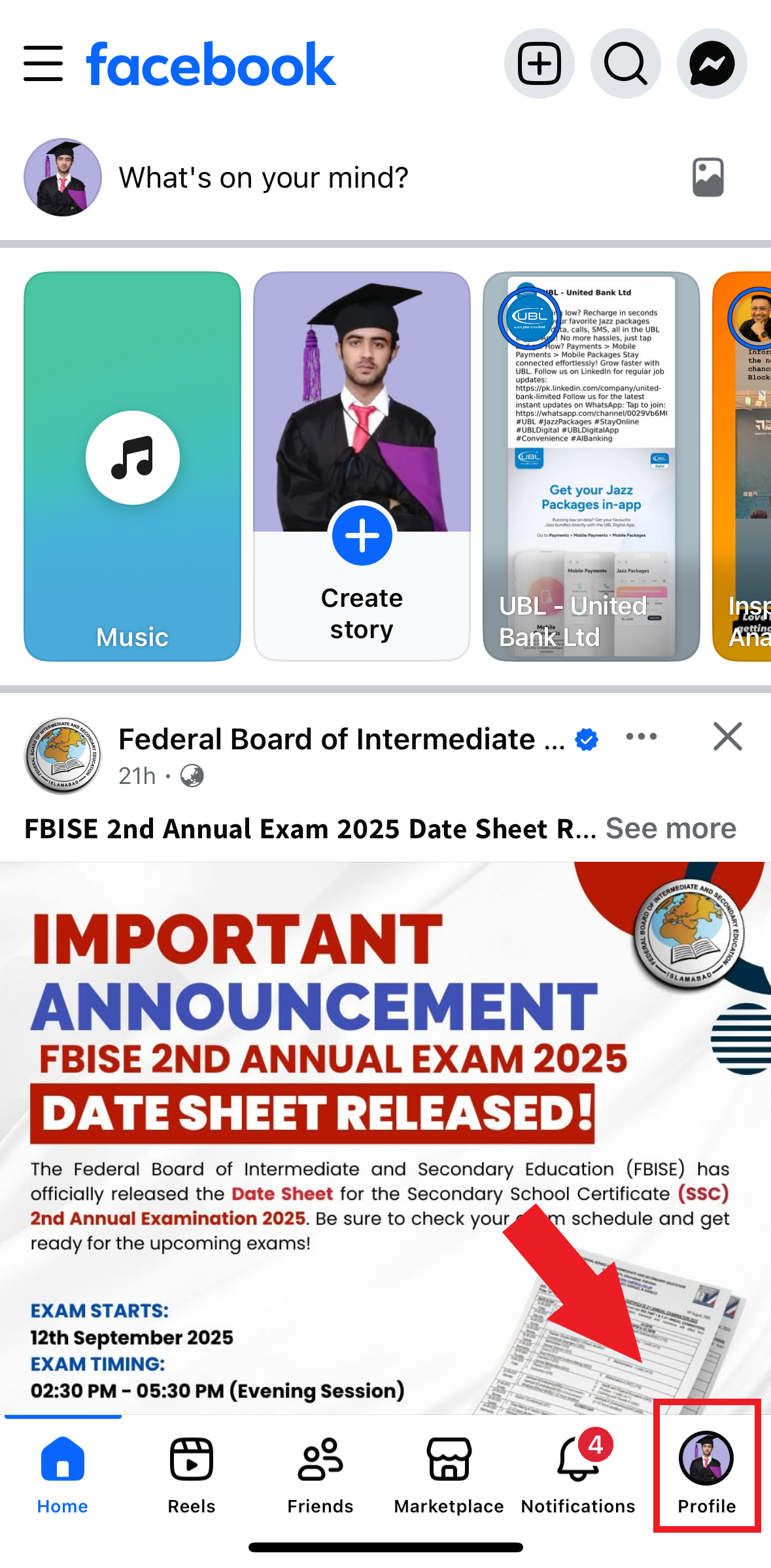 Facebook menu navigation on iPhone
