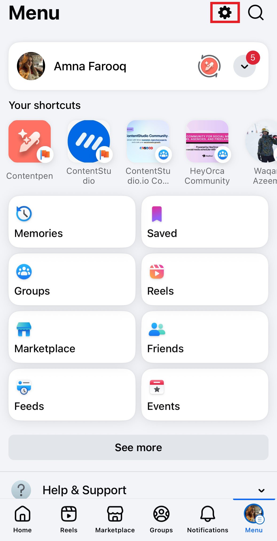 Facebook settings and privacy menu navigation on iPhone