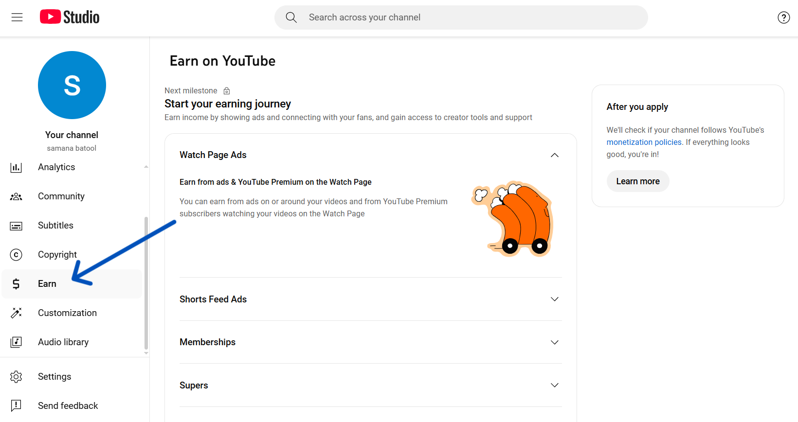 Navigate to earn section