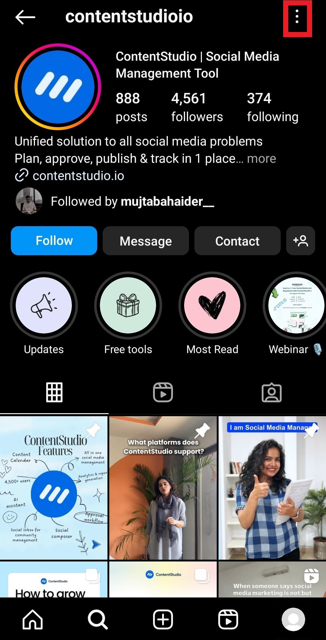 Instagram settings and activity menu