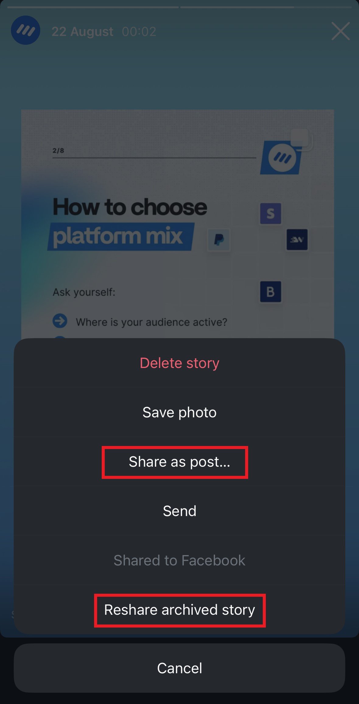 Options to share an archived Story