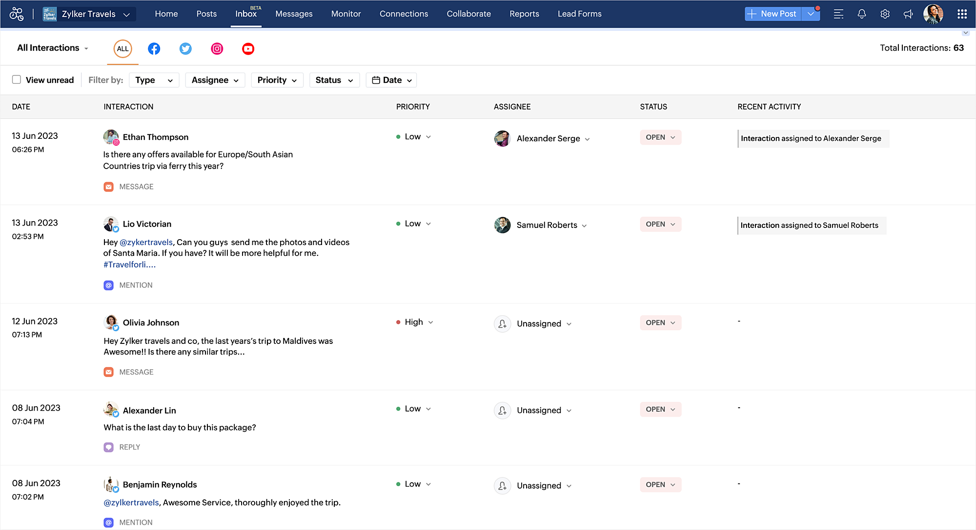 Zoho social inbox
