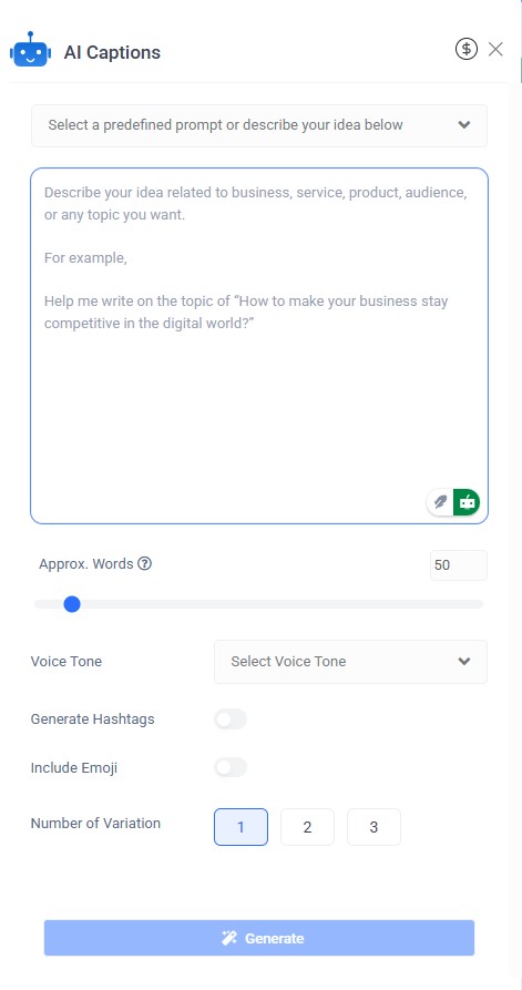 AI caption generator interface