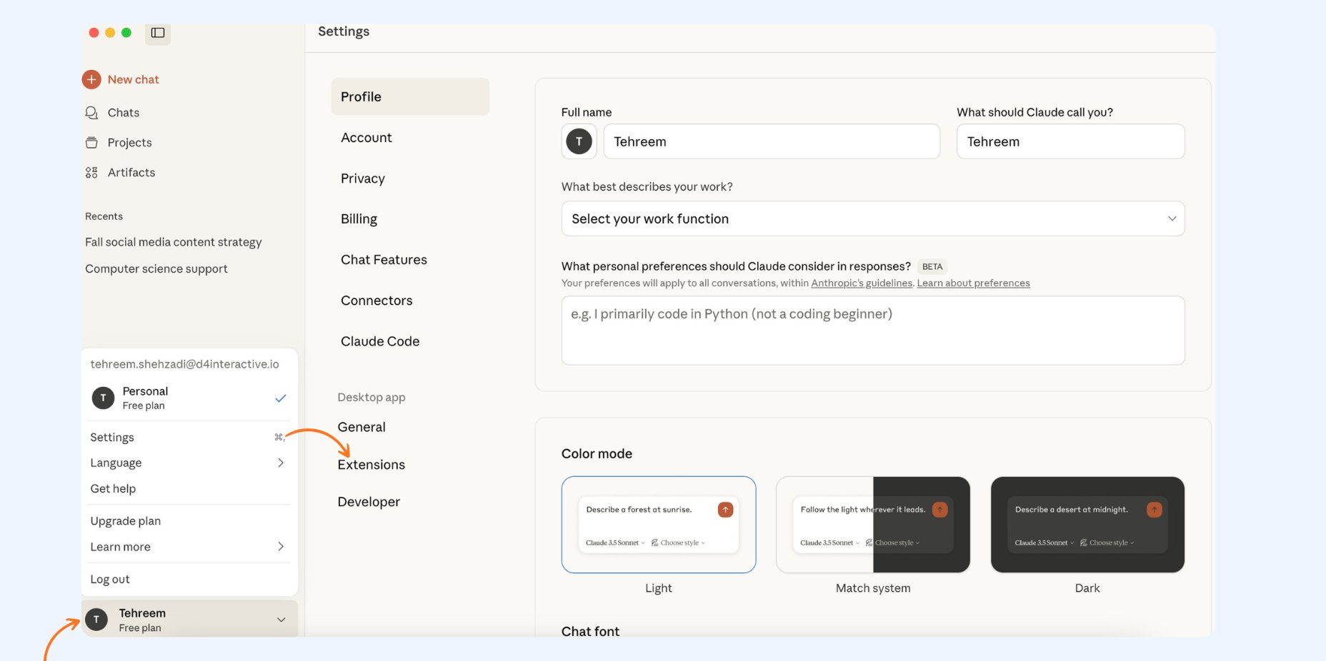 Claude desktop setting navigation