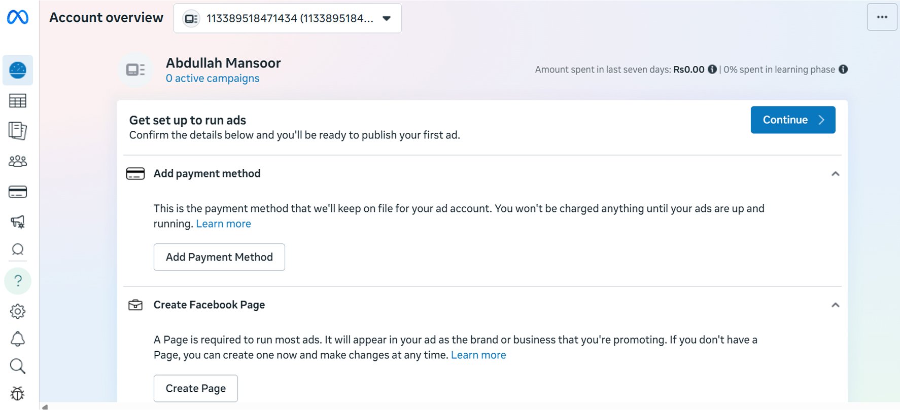 Facebook ads manager main menu