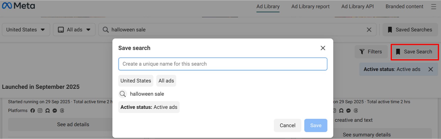 Meta ad library save search