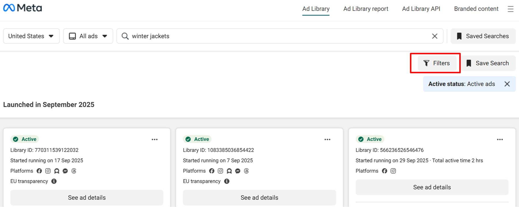 Meta ad library search filters