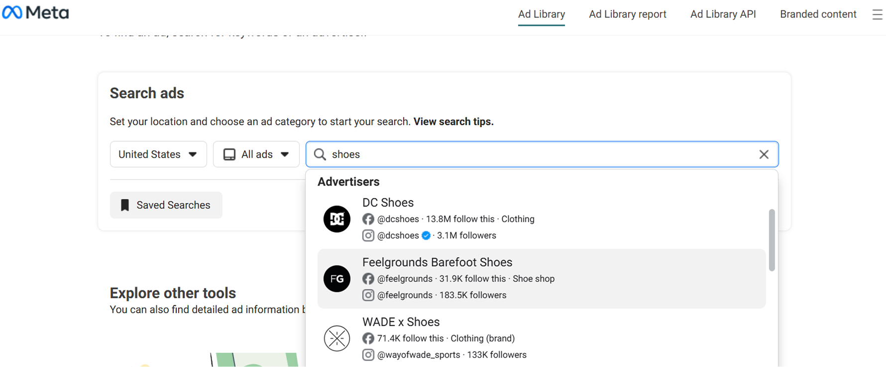 Meta ad library search interface