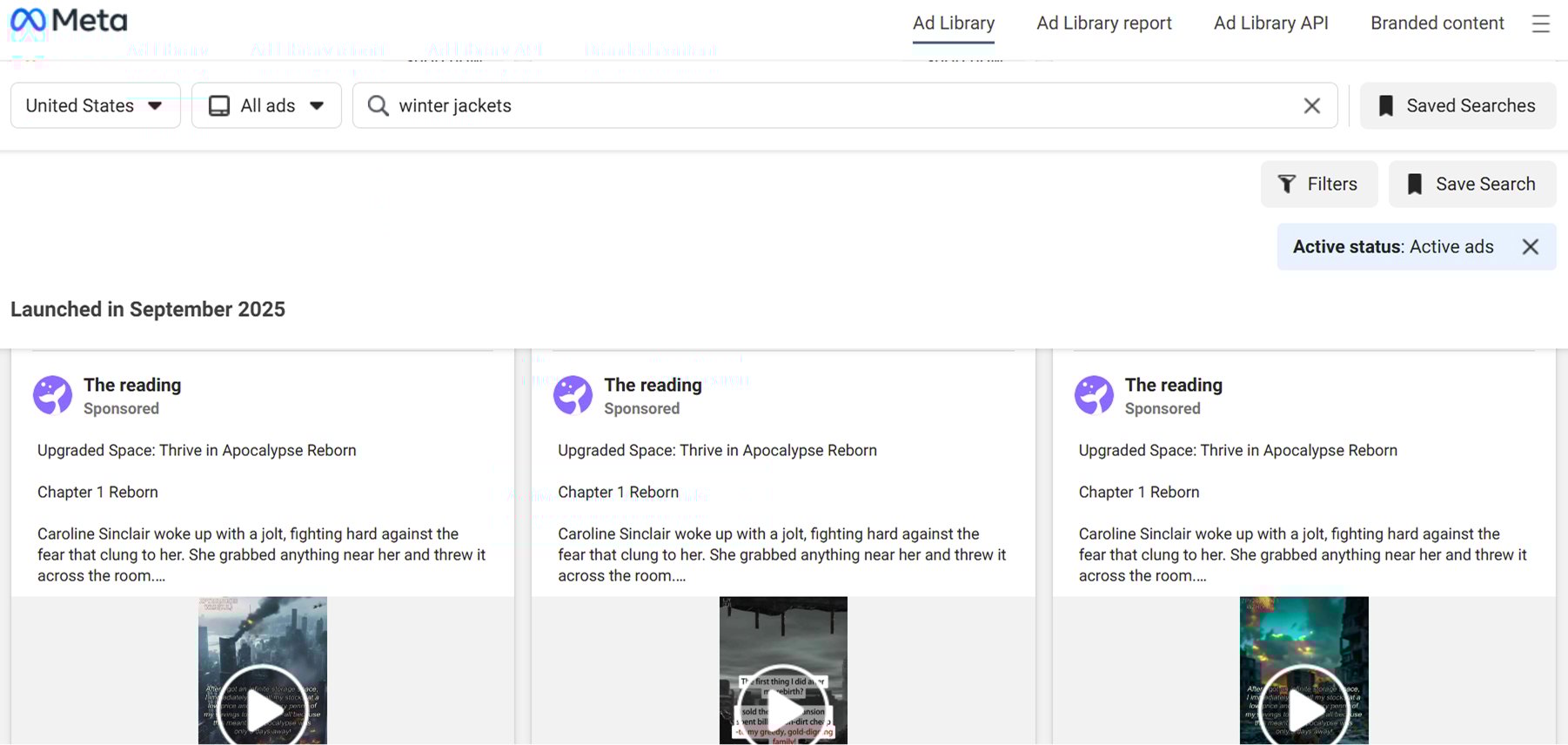 Meta ads library search results