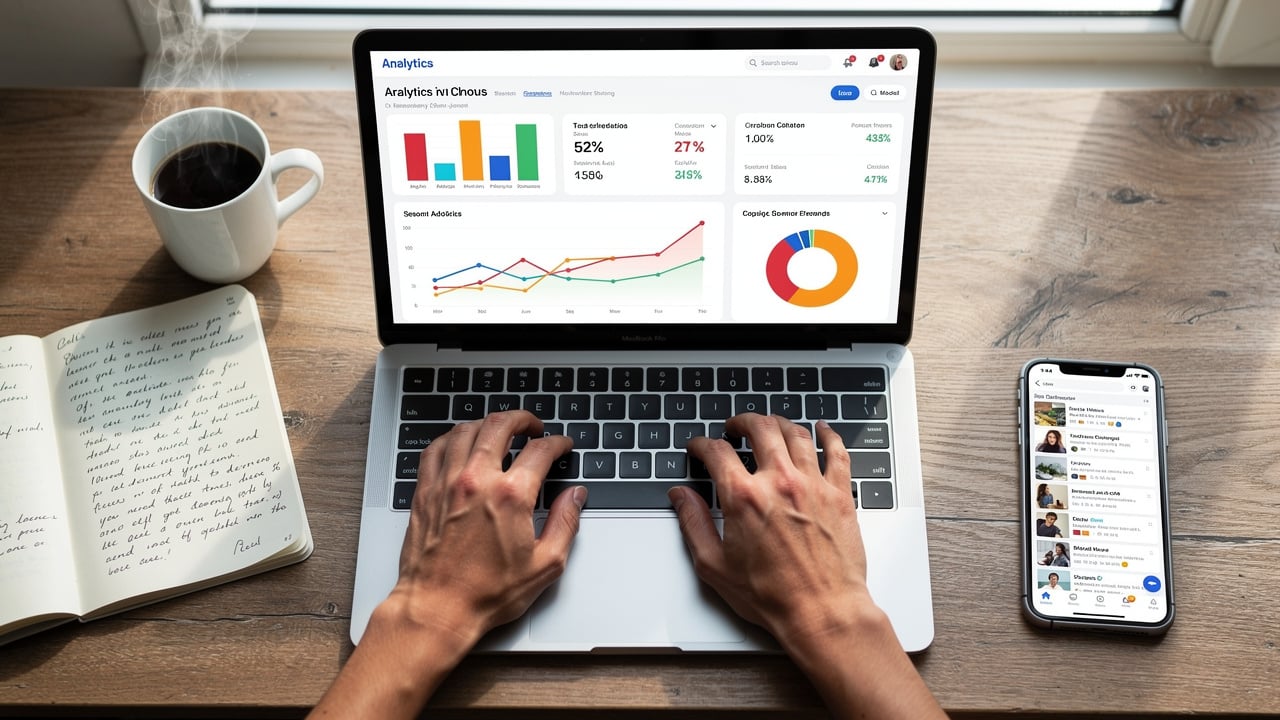 analytics dashboard on laptop showing social media metrics