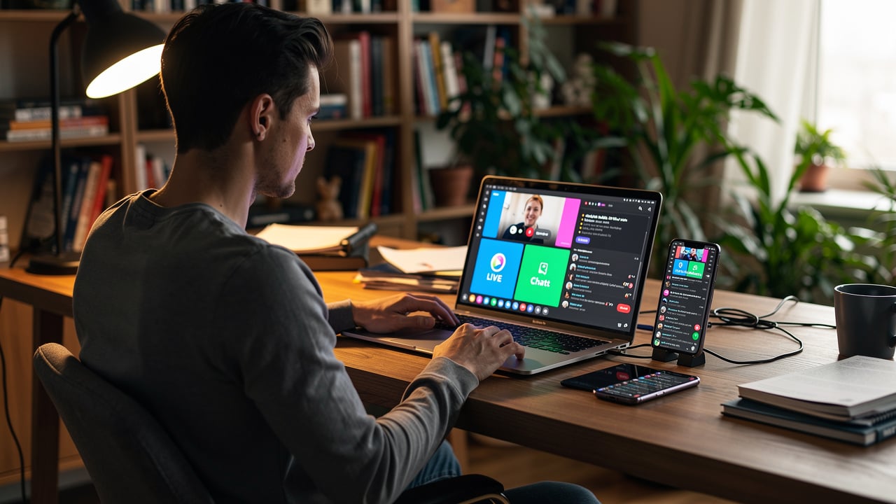 content creator using laptop for live streaming setup