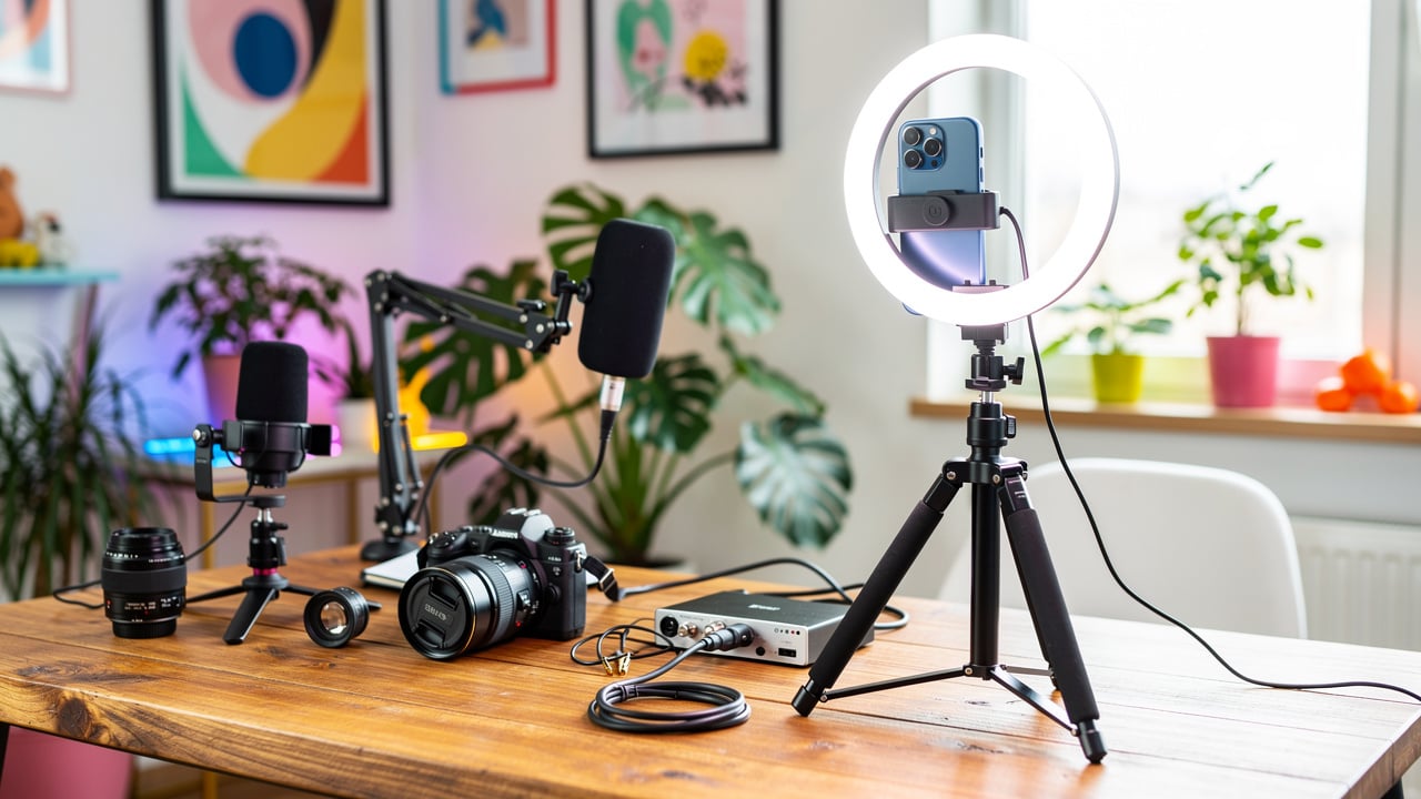 professional content creation setup with ring light and smartphone