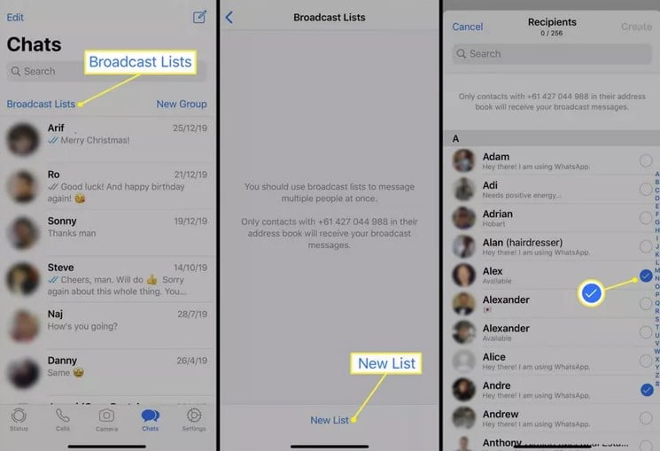 WhatsApp broadcast lists