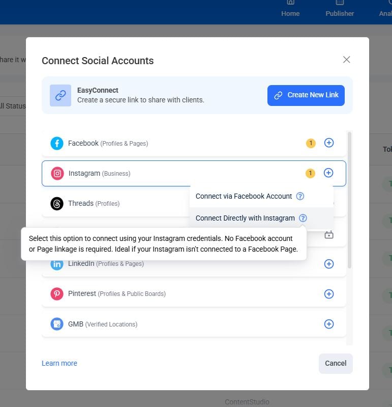 Direct Instagram connection