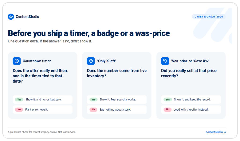 Countdown timer: show it only if the offer really ends at that time; otherwise fix it or remove it.
“Only X left” badge: show it only if the number comes from live inventory; otherwise say nothing about stock.
Was-price or “Save X%”: show it only if you really sold at that price recently, and keep the record; otherwise lead with the offer instead.