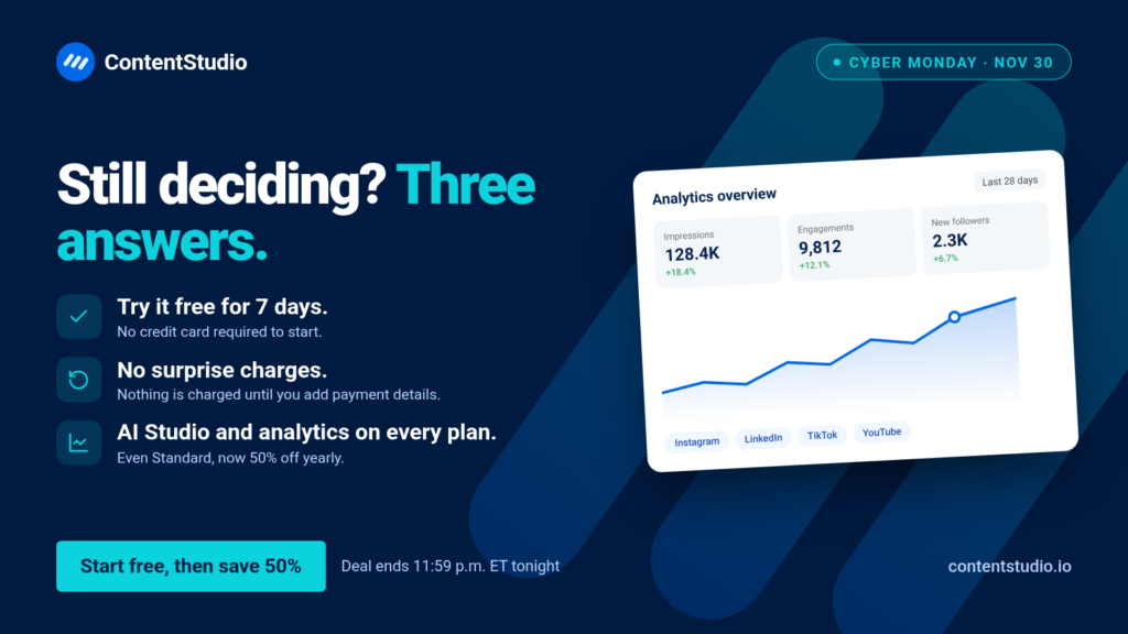 Cyber Monday social media post answering buyer doubts with a 7-day free trial, AI Studio and analytics