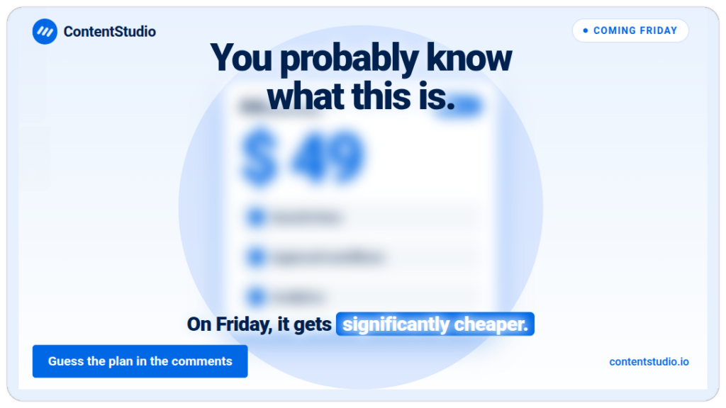 Blurred plan teaser post for Black Friday saying the price gets significantly cheaper on Friday