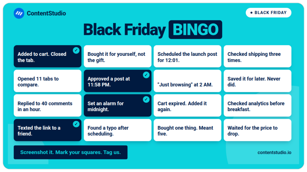 Black Friday bingo social media post with shopper and social media manager moments to mark off