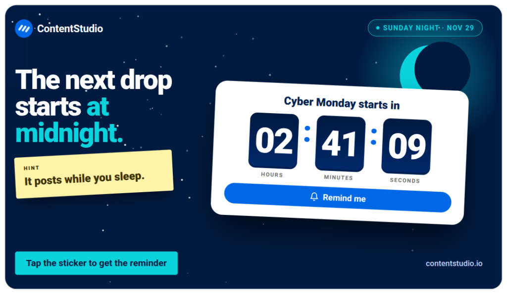Sunday night countdown post for Cyber Monday with a midnight timer and a Remind me button