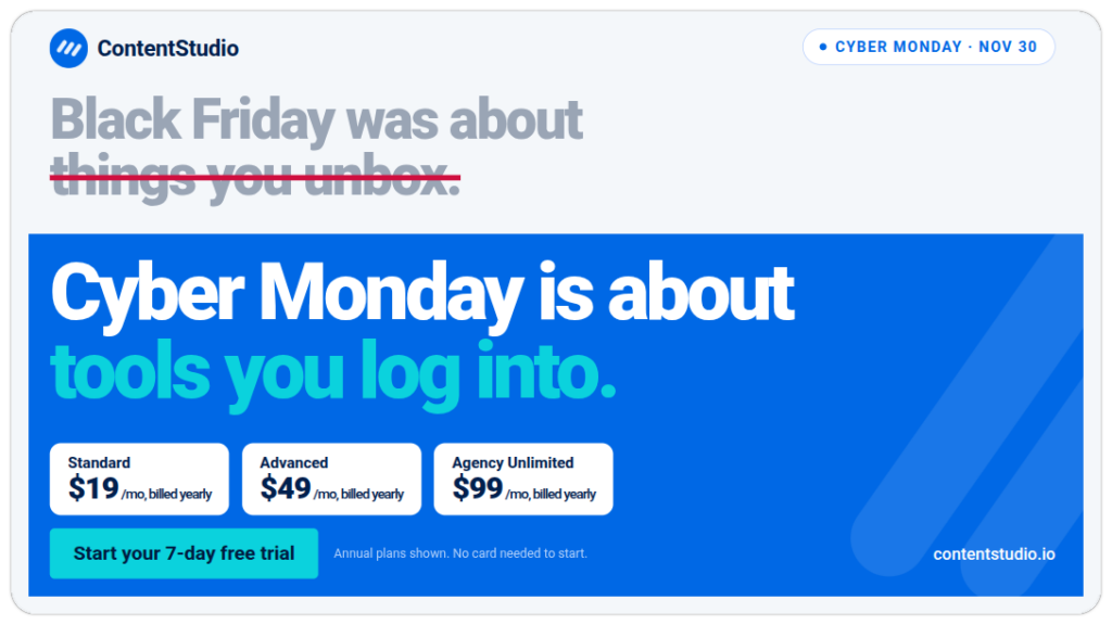 Cyber Monday social media post contrasting Black Friday unboxing with software plans from $19 a month