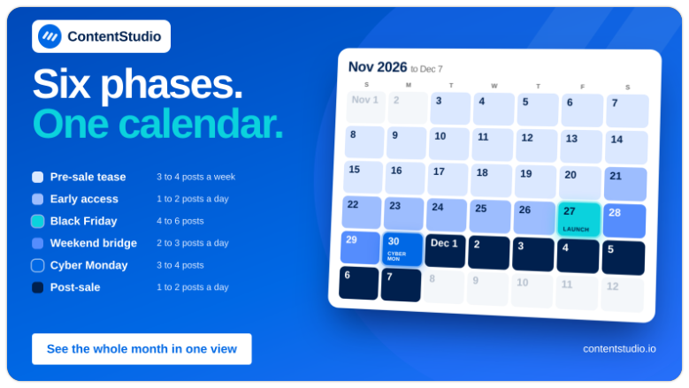 Black Friday social media posting plan on a November 2026 calendar showing six campaign phases from Nov 3 to Dec 7